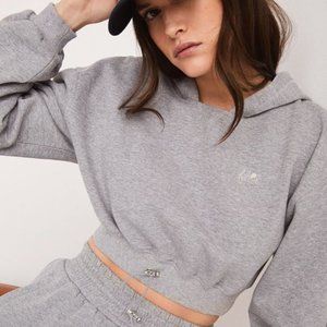 For Love & Lemons Josie Cropped Hooded Sweatshirt Gray NWT XXS
